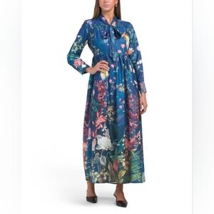 NWT - Dalia MacPhee Long Sleeve Tie Neck Blue Floral Stretch Maxi Dress - Size L
